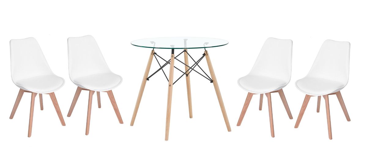 Modern Wooden Round Dining Table with 4 Set of Soft Padded Chairs - White