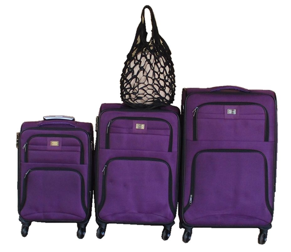 Purple 3-Piece Spinner Luggage Set with Black Mesh Tote - Travel Combo