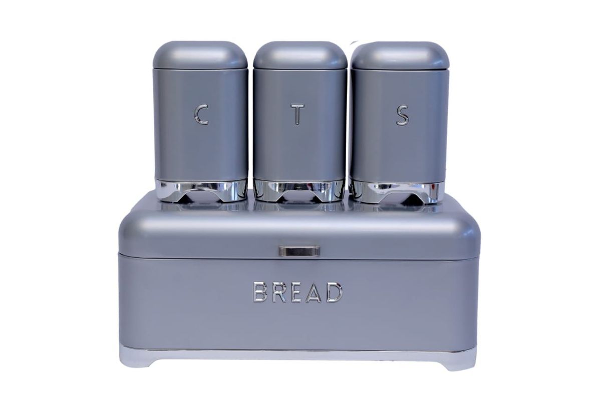 Zamudi Bread Bin with Tea, Coffee and Sugar Canister - Grey, Silver