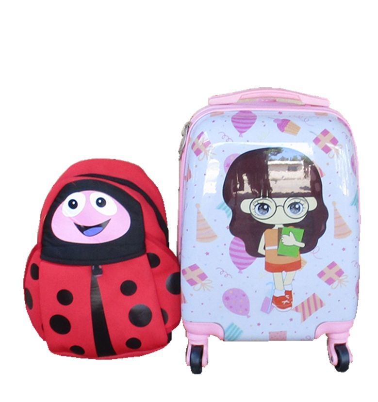 White Cartoon Girl Kids Rolling Suitcase4-Wheel Pink HardShell + kid bag