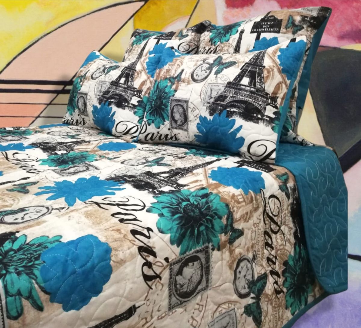 5 Piece Quilt Set Blue Eiffel Tower Bedspread Set