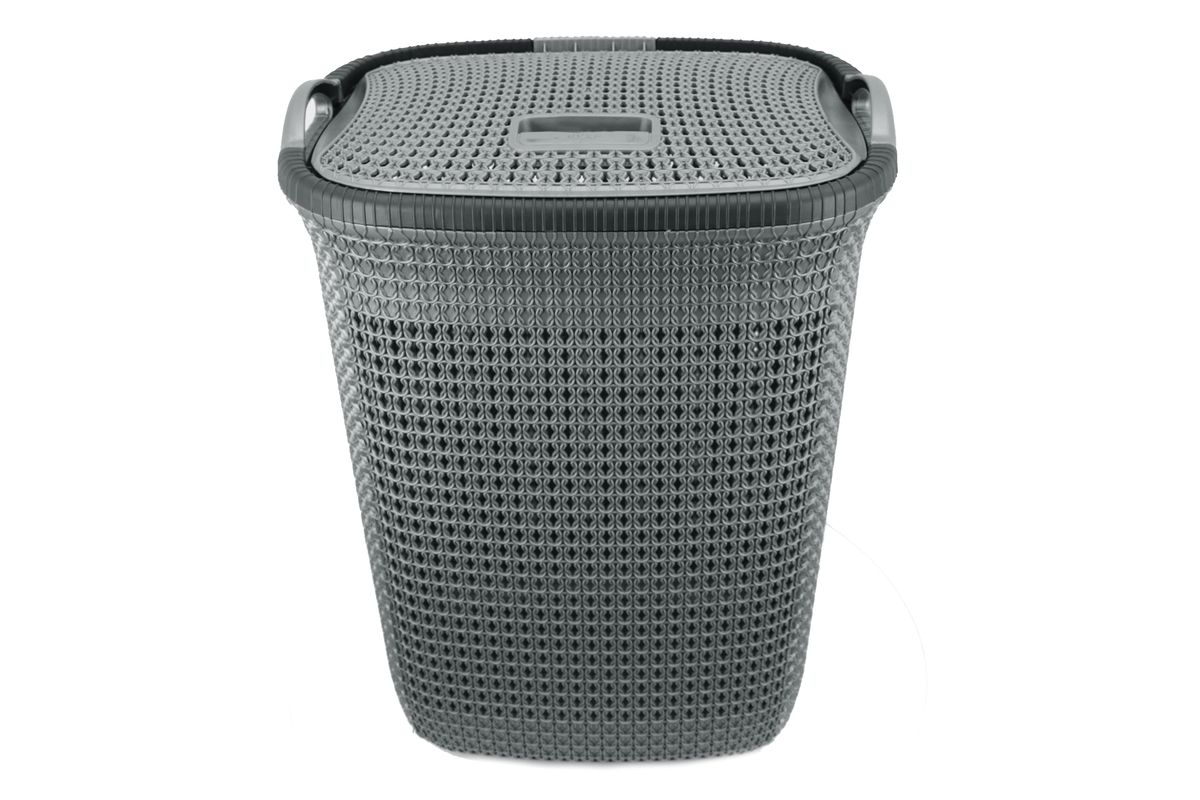 Two Tone PVC Mesh Weave Laundry Basket with Push-2-Lock Lid - Grey
