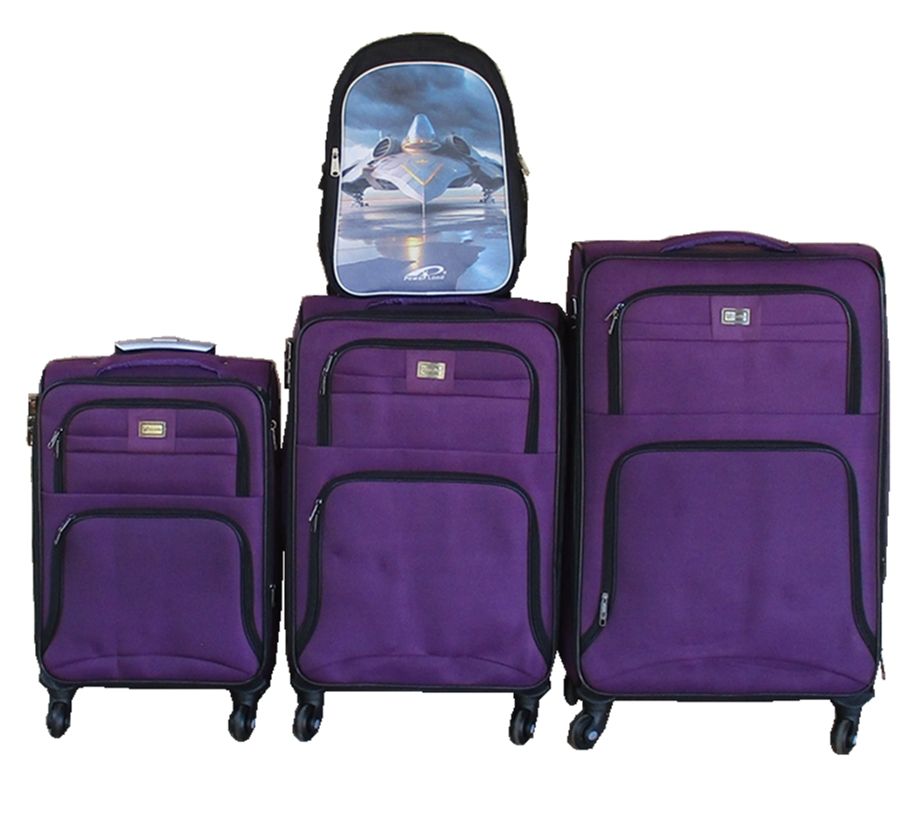 4-Piece Purple Fabric Spinner Luggage Set with Military Vehicle Backpack