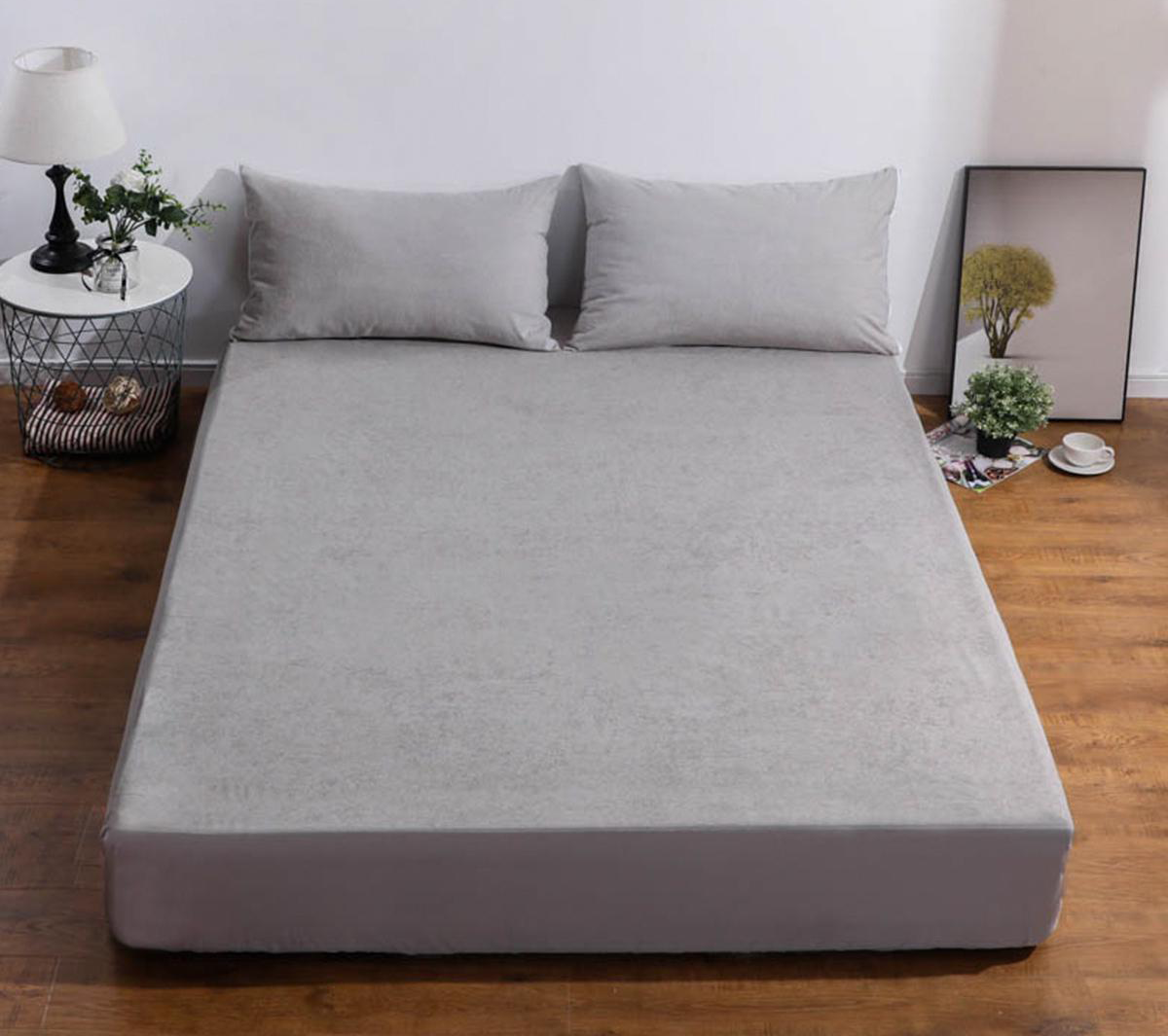 3 Pieces Velvet Fitted Sheet Queen Size with 2 Pillow Cases - Light Grey