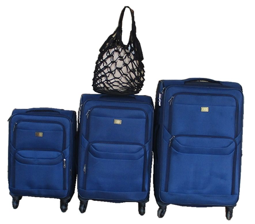 Navy 3-Piece Spinner Luggage Set with Black Mesh Tote - Travel Combo