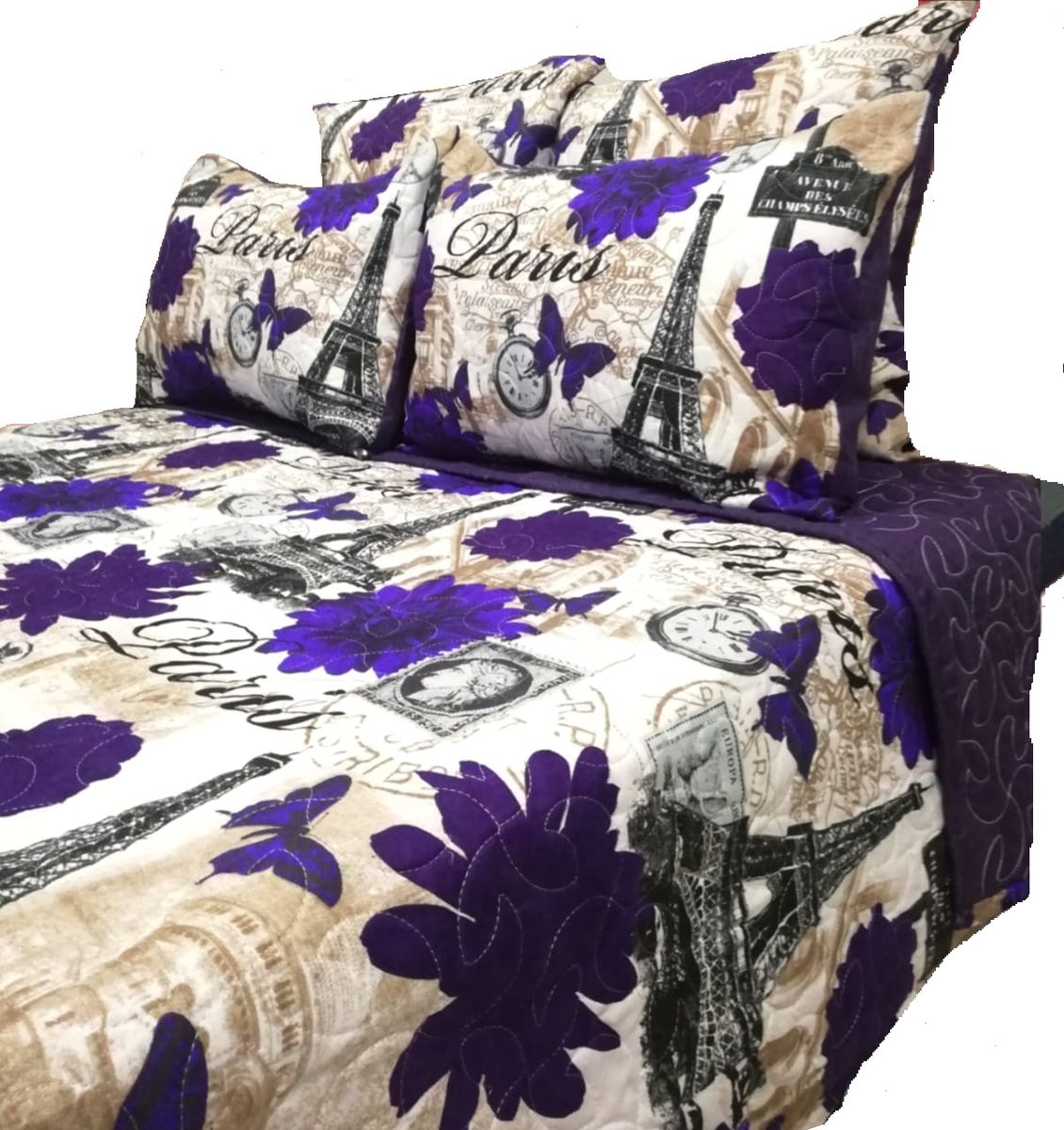 5 Piece Quilt Set Purple Eiffel Tower Bedspread Set