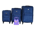 3-Piece Fabric Spinner Luggage Set with Purple Handbag - Navy Blue