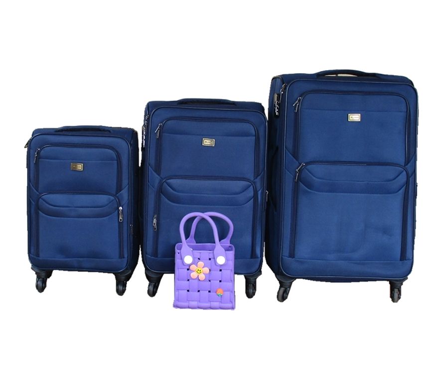 3-Piece Fabric Spinner Luggage Set with Purple Handbag - Navy Blue