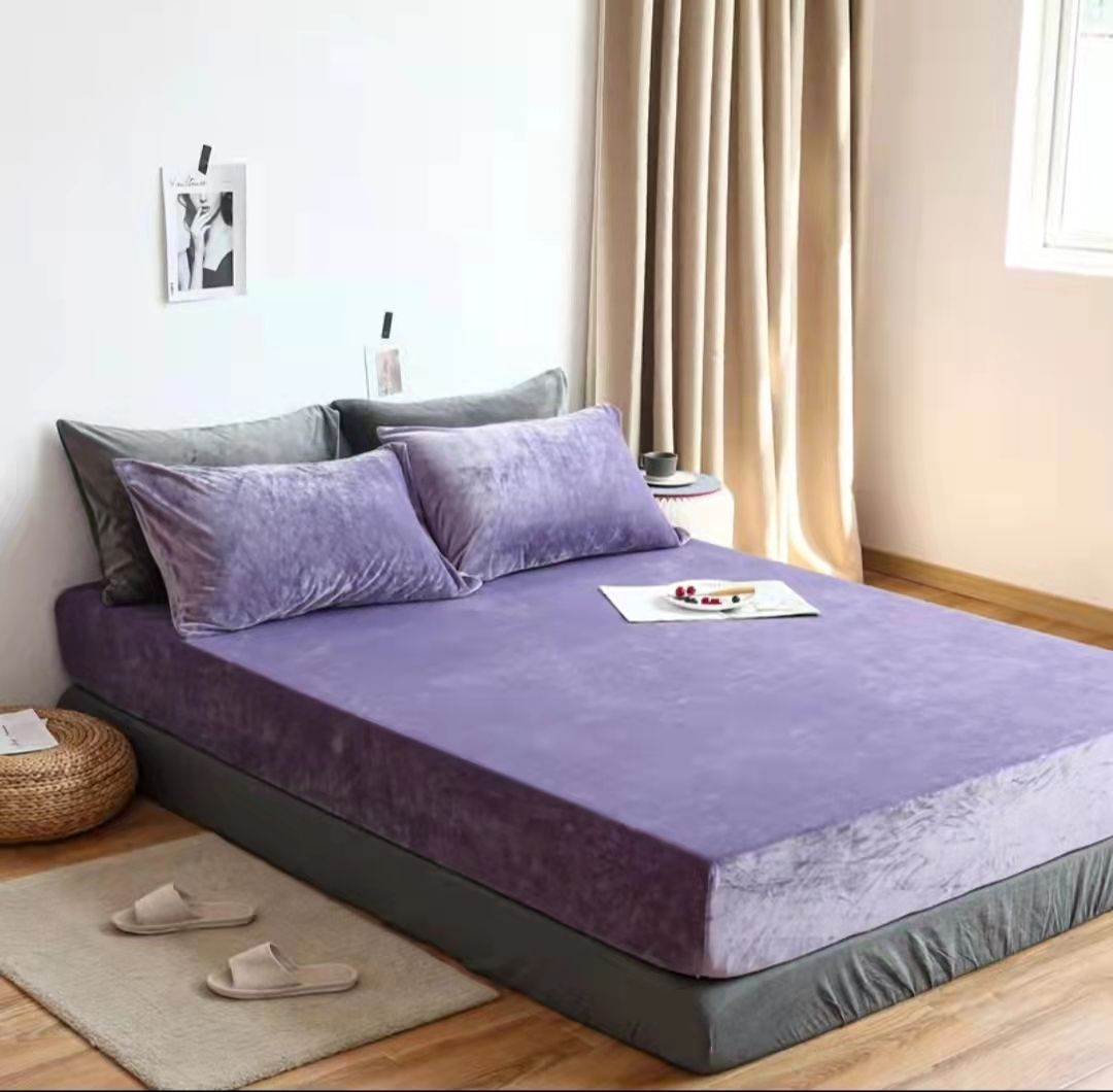 3 Pieces Colorful Velvet Fitted Sheet Queen Size with 2 Pillow Cases - Purple