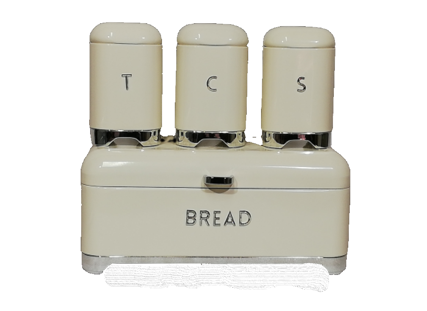 Bread Bin With Tea Coffee Sugar Canister Set - Retro 4 Piece - Cream & Silver