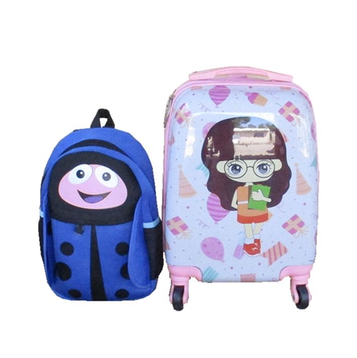 White Cartoon Girl , Kids Rolling Suitcase 4-Wheel HardShell +kid bag