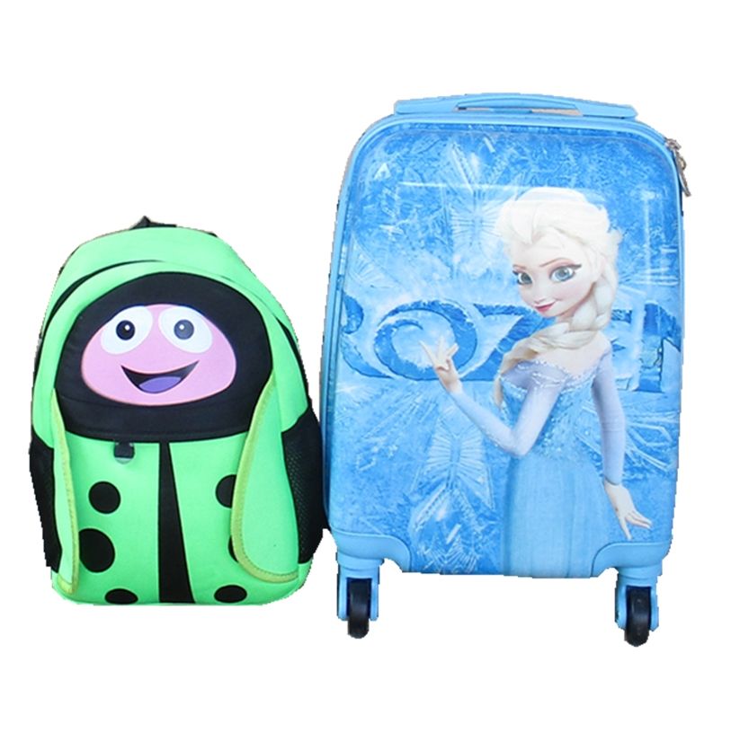 Disney Frozen Kids Rolling Suitcase-Blue 4-Wheel Hard Shell with Kid Bag
