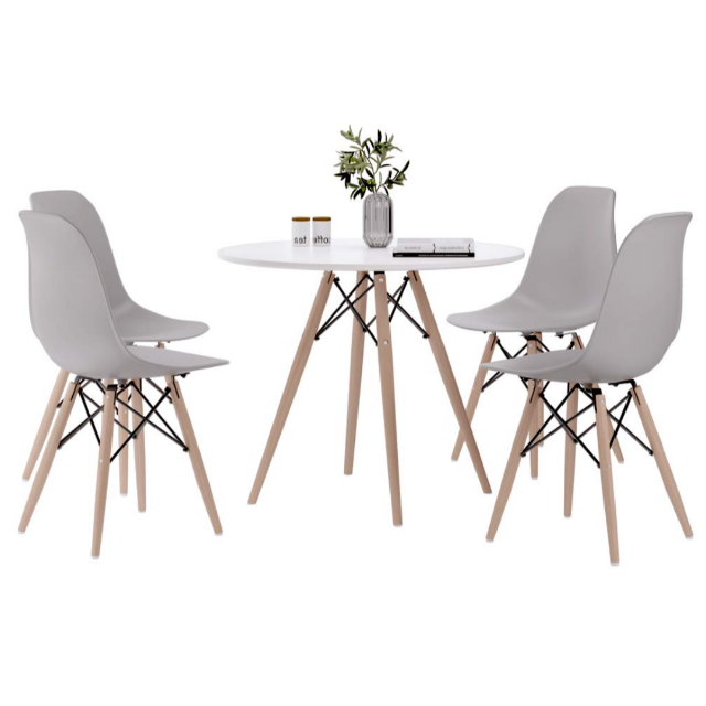 Round Table and Wooden Leg Chairs (5 Pieces)