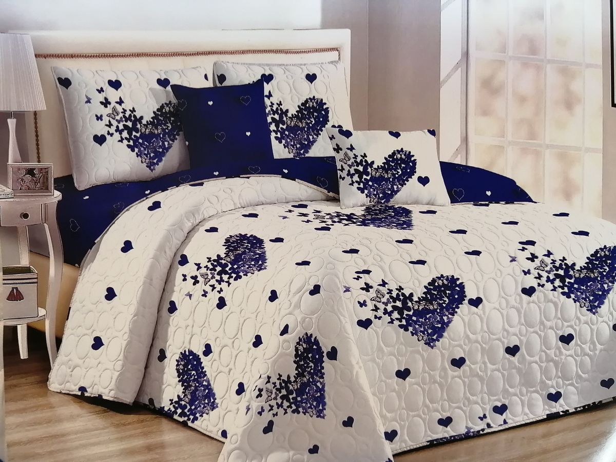5pcs Blue Heart Quilt Bedspread Set