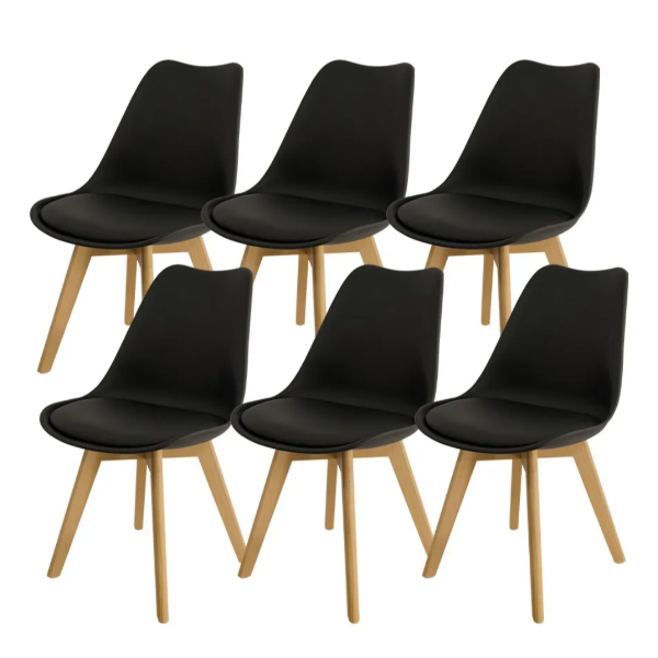 Padded Seat Wooden Leg Dining Chairs - Pack of Six - Black Colour