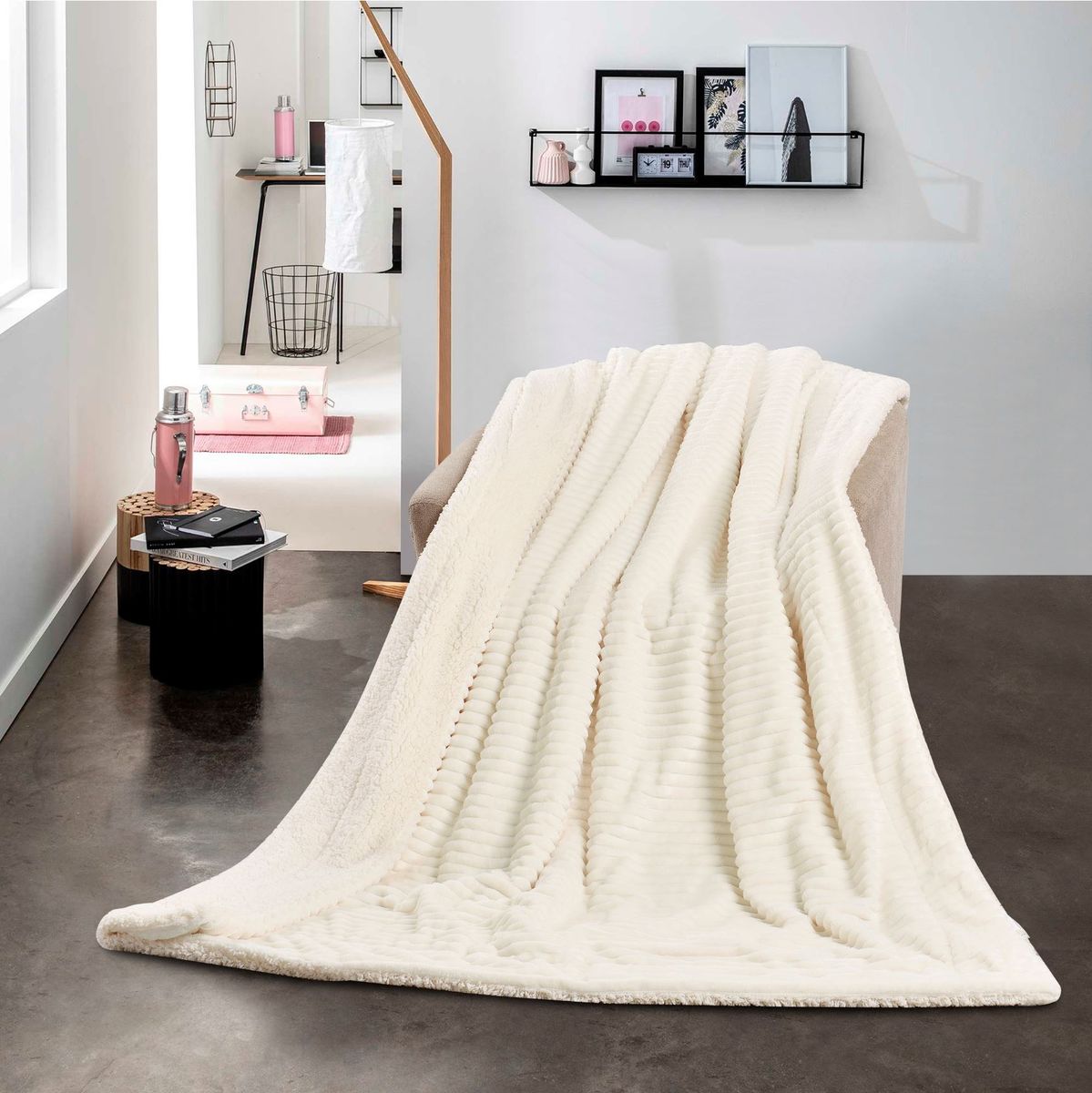 Linen Boutique - New Reversible Throw Striped Flannel Sherpa Blanket - Cream