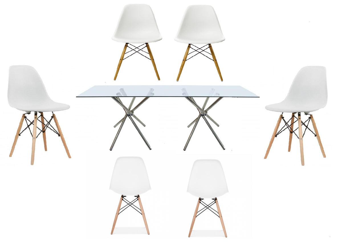 7 Piece Rectanguler Glass Table & Wooden Leg Chairs -White