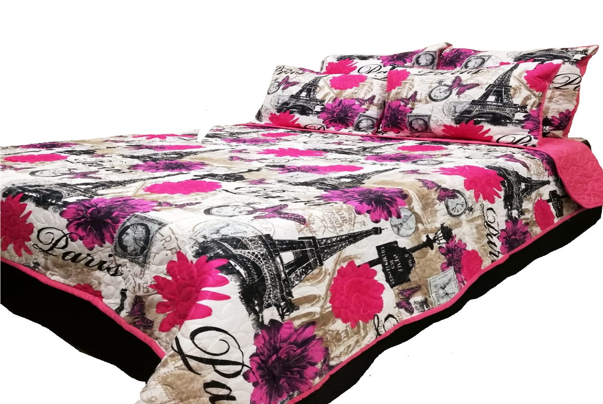 5 Piece Quilt Set Pink Eiffel Tower Bedspread Set