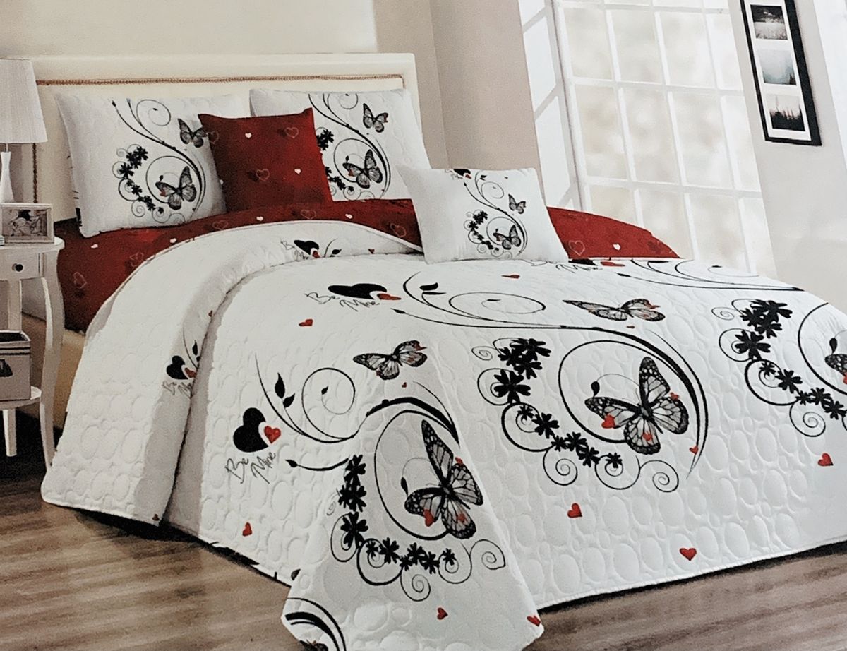 Bedspread Set Queen 5 Piece Microfiber Black & White Butterfly