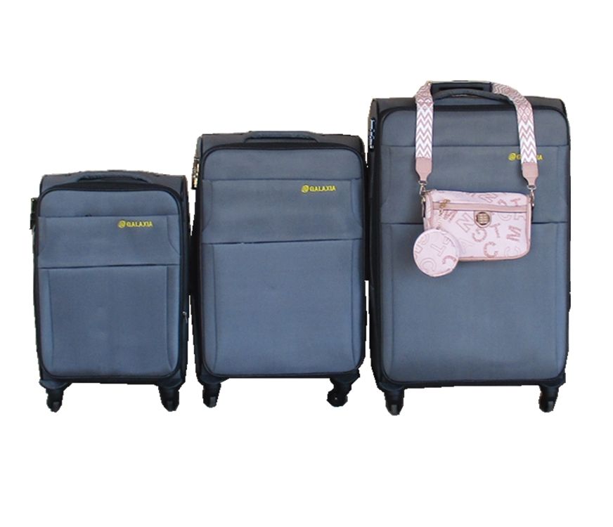 Galaxia 3-Piece Grey Spinner Luggage Set with Pink Crossbody Travel Bag