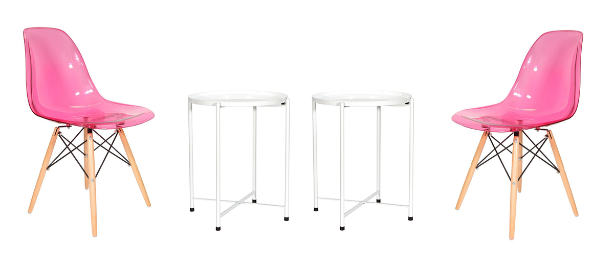 Transparent Color Dining Wooden Leg Chairs and 1 Tier Metal Table Set - Pink