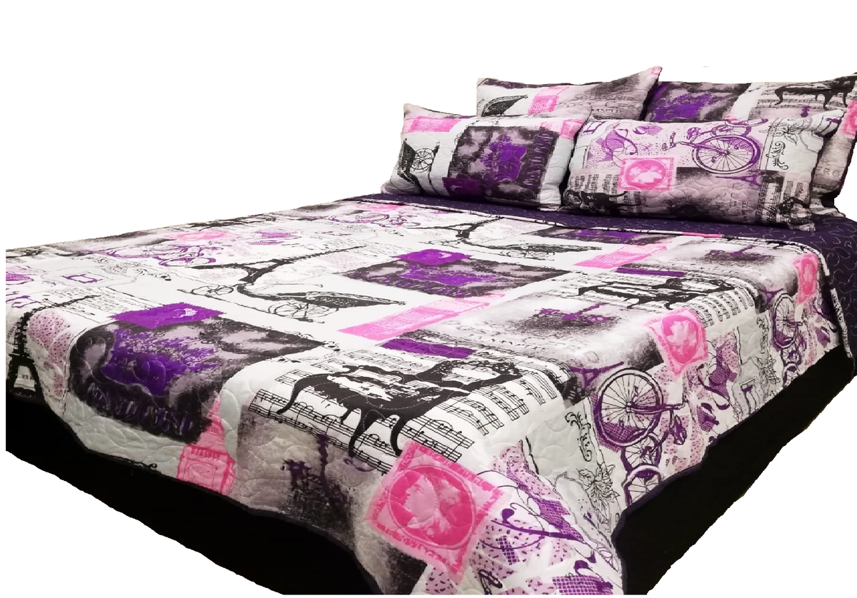 5 Piece Quilt Set Pink Purple Eiffel Tower Bedspread Set