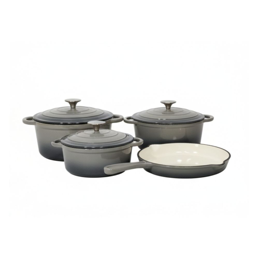 7-Piece Premium Cast Iron Cookware Set with Grooved Lids - Grey