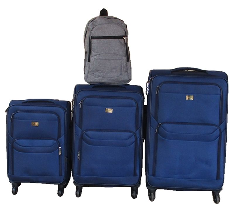 3-Piece Navy Fabric Spinner Luggage Set with Grey Travel Backpack