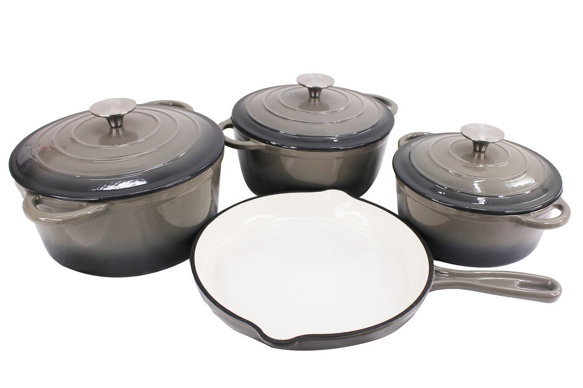 Delicate 7 Piece Cast Iron Dutch Oven Cookware Pot & Stout Pan Set Charcoal