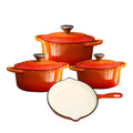 Authentic Cast Iron Dutch Oven Cookware Pot Orange Set 7 Piece