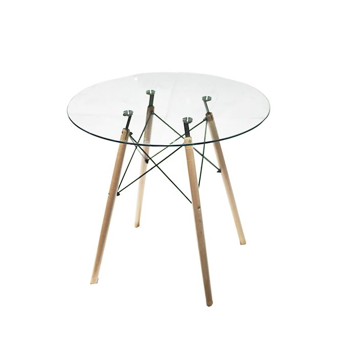 In/outdoor Round Glass dinning table coffee desk natural beech wood legs
