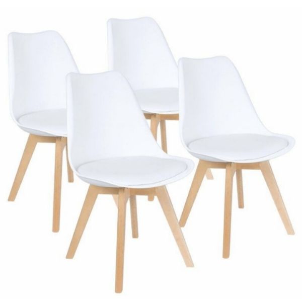 Padded Seat Wooden Leg Dining Chairs - Pack of Four - White Colour SA