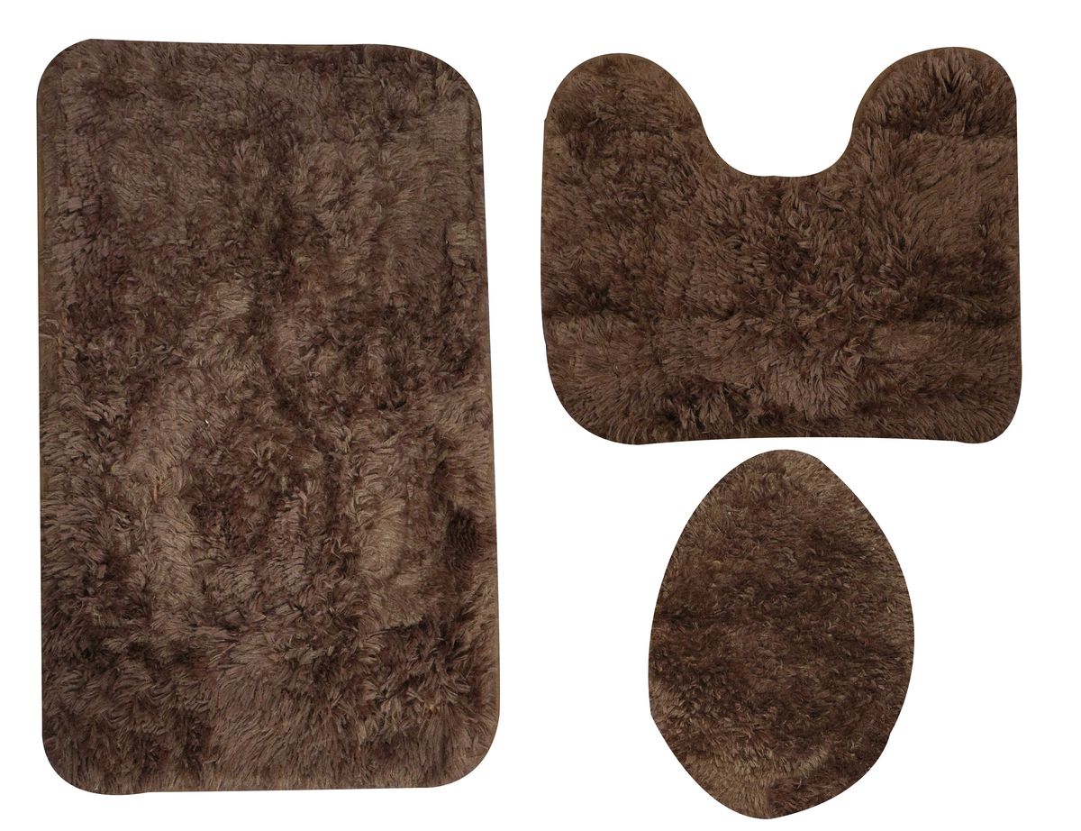 3 Piece Fluffy Toilet Seat Cover & Bathroom Mats Set - Dark Brown