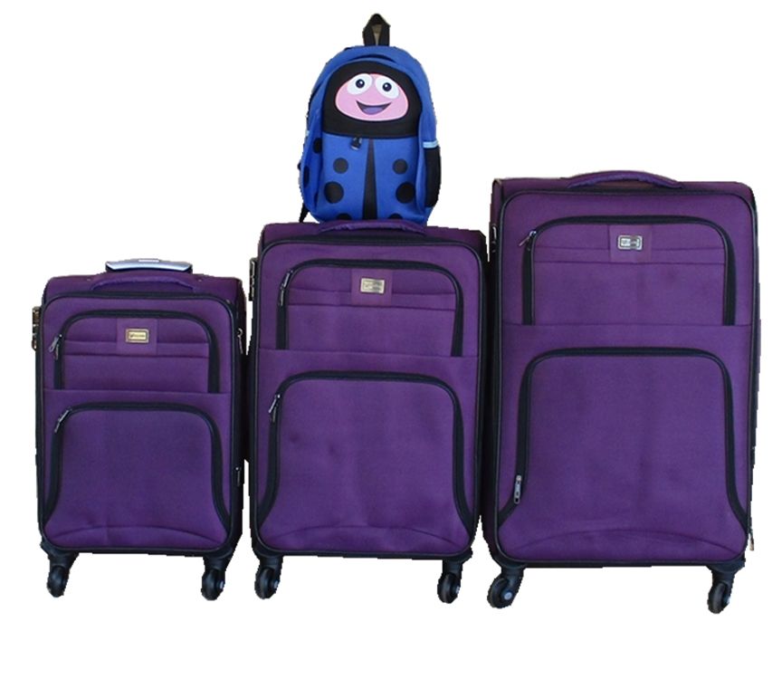 Purple 3-Piece Family Luggage Set with Ladybug Kids Backpack-Spinner Wheels