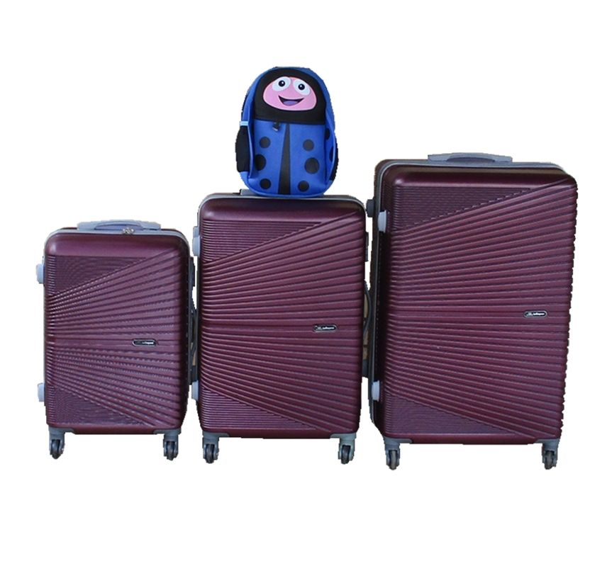 Purple 3-Piece ABS Trolley Luggage Set + Blue Ladybug Kids Backpack