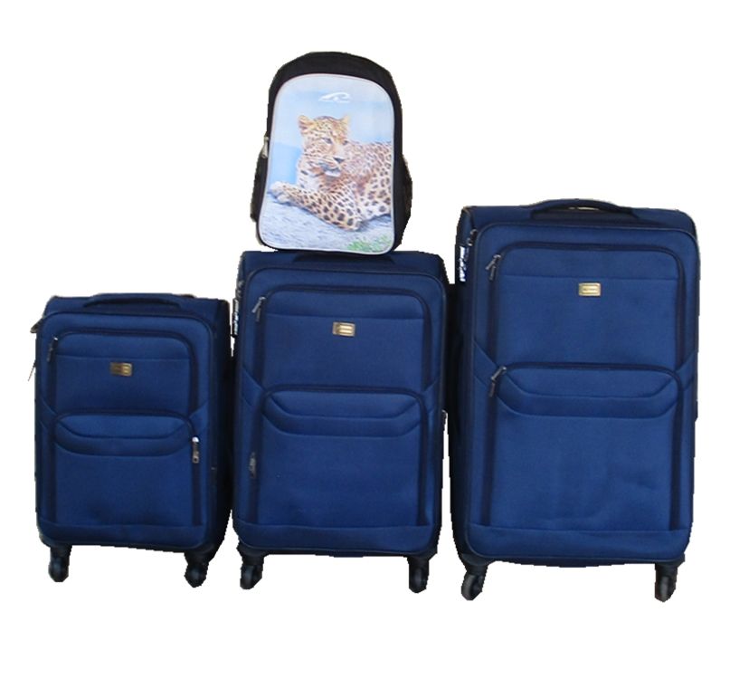 3-Piece Navy Fabric Spinner Luggage Set with Leopard Design Backpack