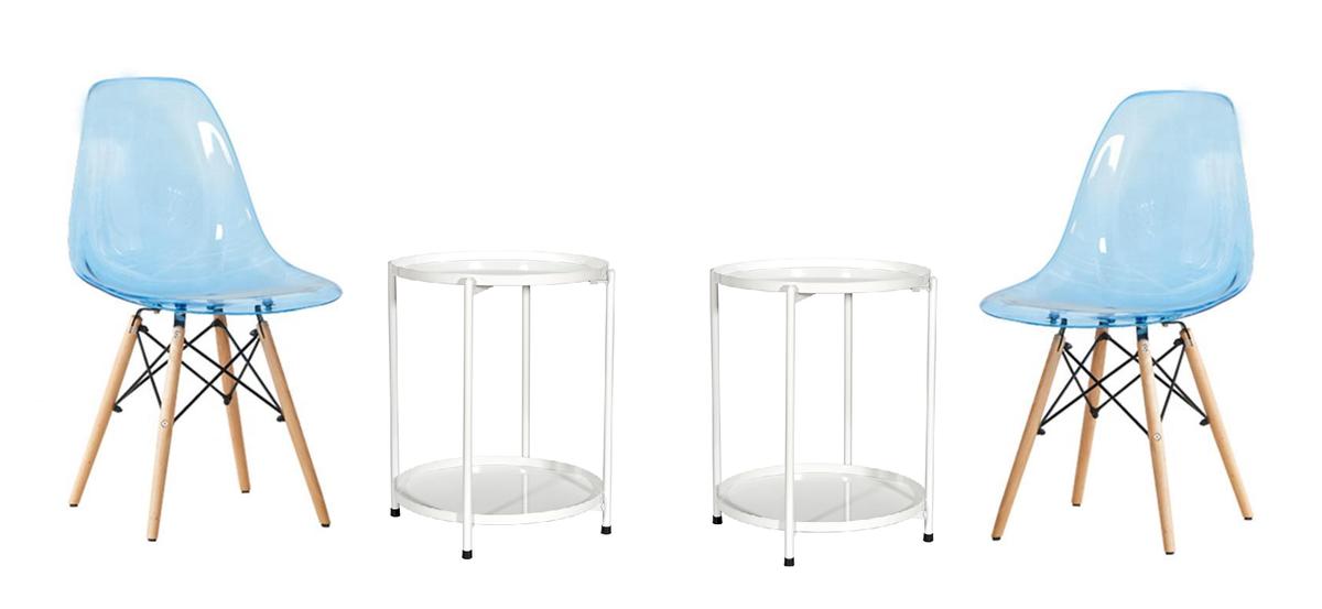 Transparent Color Dining Wooden Leg Chairs and 2 Tier Metal Table Set - Blue