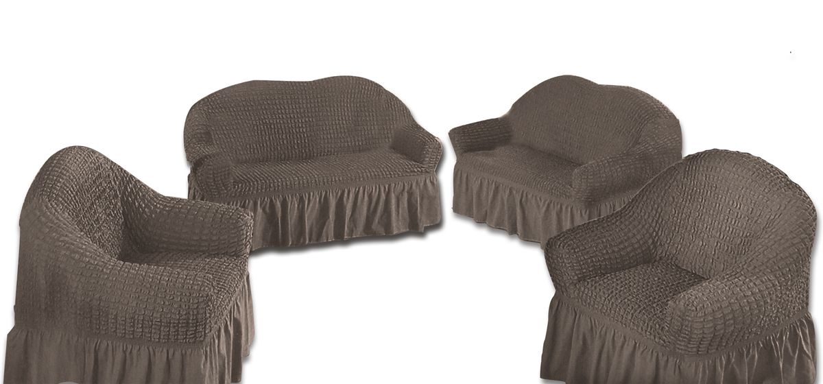 Decadent Ruffled 4 Piece Sofa & Couch Slipcover Set -2 + 2 + 1 + 1 - Silver