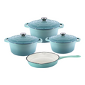 7-Piece Premium Ceramic Glazed Cast Iron Dutch Oven & Skillet Set - Sky Blue