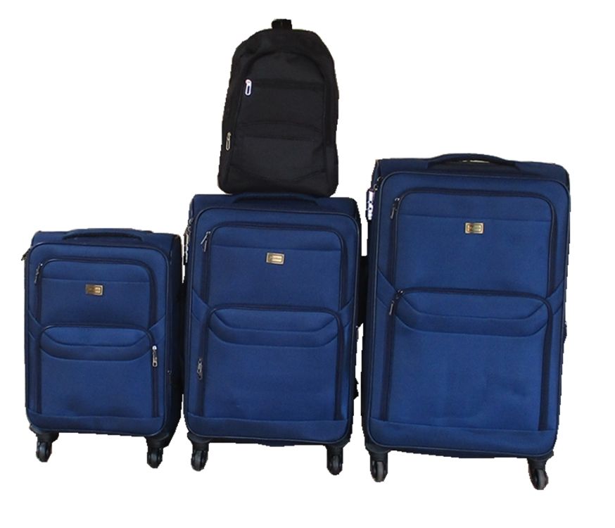 Navy Fabric Spinner Luggage Set with Classic Black Backpack