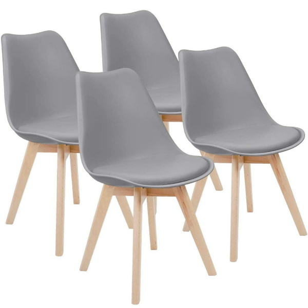 Padded Seat Wooden Leg Dining Chairs - Pack of Four - Grey Colour