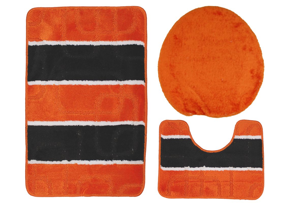 White Striped 3 Piece Non-Slip Turkish Toilet Cover & Mat Set BLK/ORG