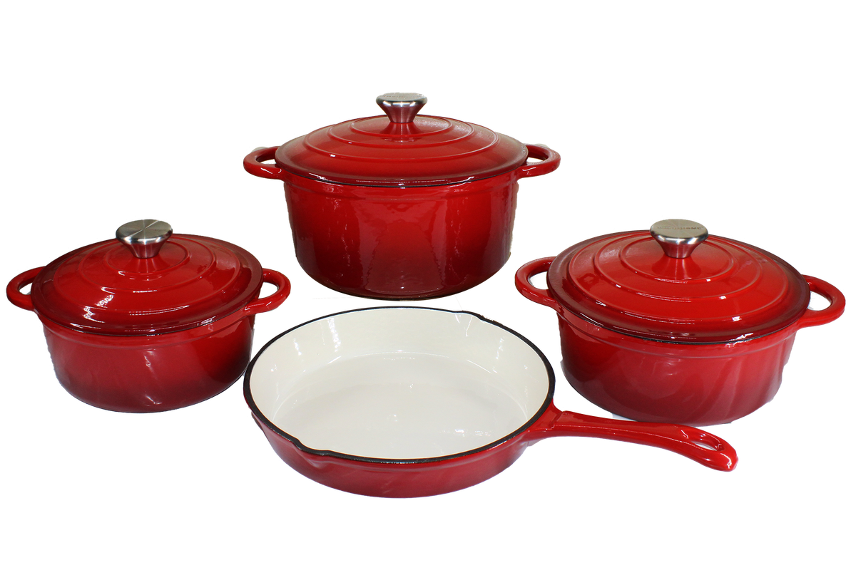 7 Piece Authentic Cast Iron Oven Cookware Pot Set - Red