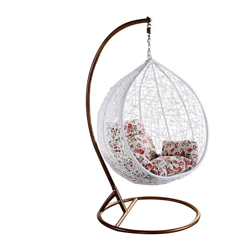 Hanging Patio / Garden / Balcony Swing Chairs - Floral White Cushions - White, Brown