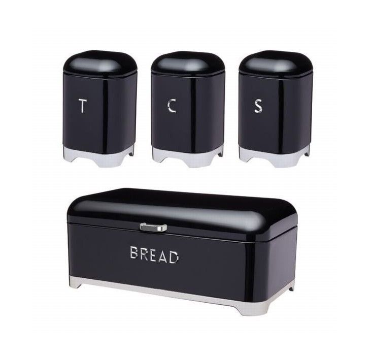 Bread Bin With Tea Coffee Sugar Canister Set - Retro 4 Piece - Black & Silver