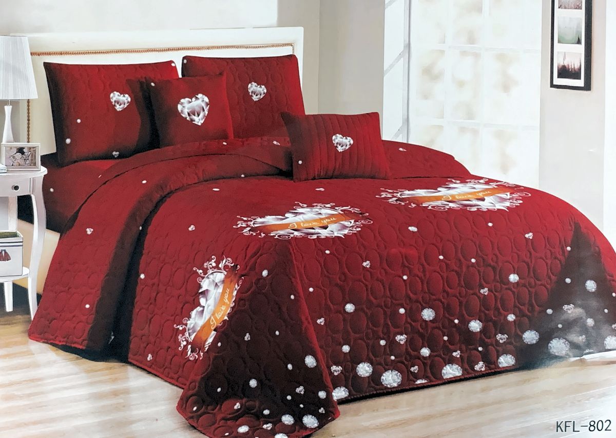 Bedspread Set Queen 5 Piece Microfiber Red Dimond Heart