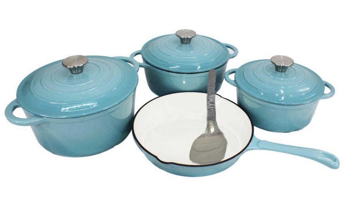 Quality Cast Iron Cookware Set & Complementary IYWA Serving Spoon - Sky Blue