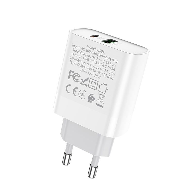 Hoco Dual Fast Charging EU Power Adapter(Type C + USB-18W-PD + QC 3.0 C80A
