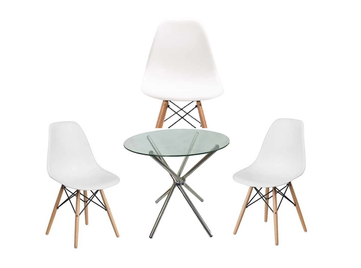 80cm Glass Table and Wooden Leg Chairs White (4 Piece set)