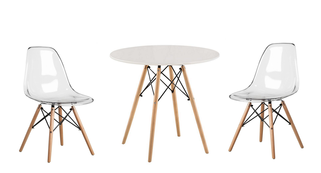 3 Piece Wooden Table and Clear Wooden Leg Chairs - White